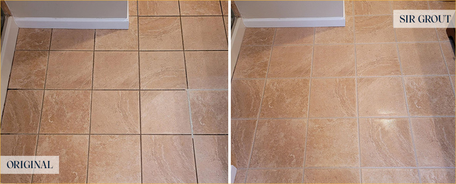 Bathroom Floor Before and After a Grout Cleaning in Hilton Head Island, SC