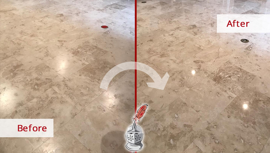 Before and After Picture of a Travertine Floor After a Stone Honing Service in Bluffton, SC