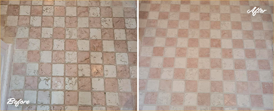 Bathroom Floor Before and After a Service from Our Tile and Grout Cleaners in Bluffton