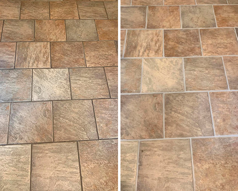 Porcelain Tile Floor Before and After a Grout Sealing in Pooler